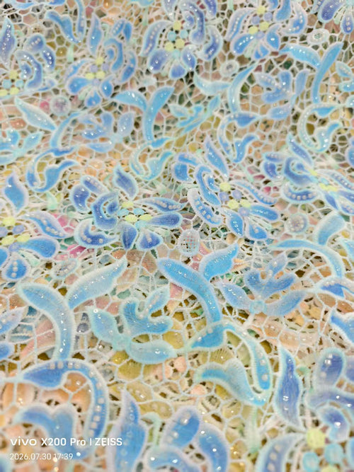 Iridescent Holographic Lace Fabric with multicolor light-shifting effect
