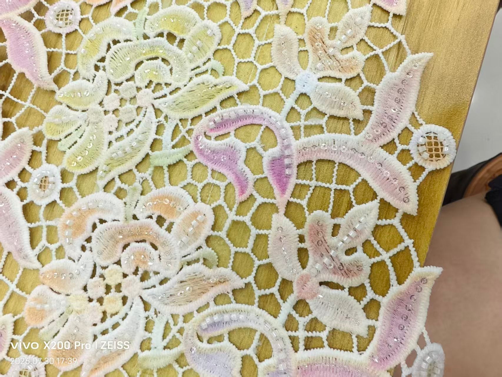 Cream Floral Guipure Lace with pink embroidery and bead accents