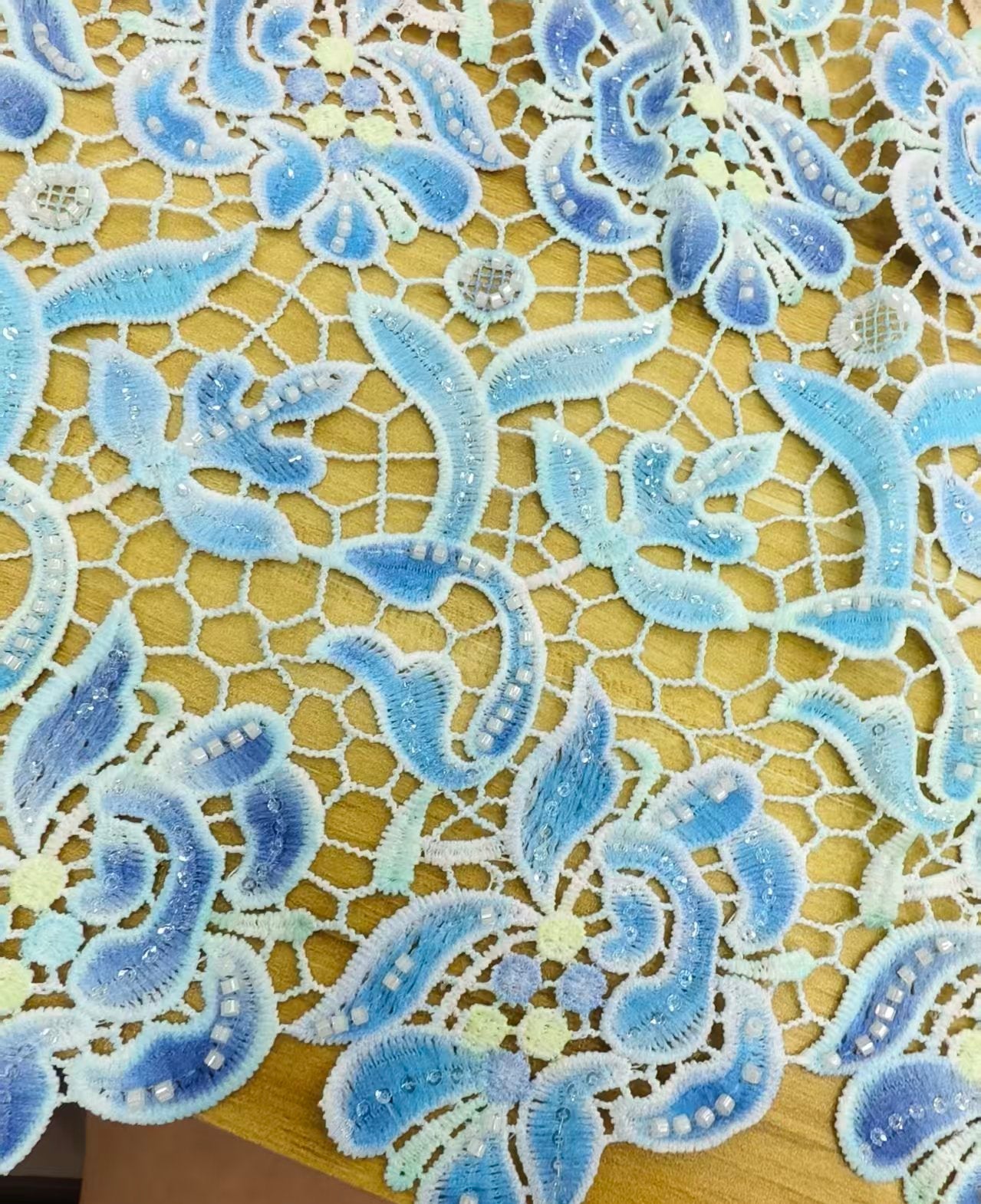 Blue Paisley Guipure Lace with bead and sequin accents
