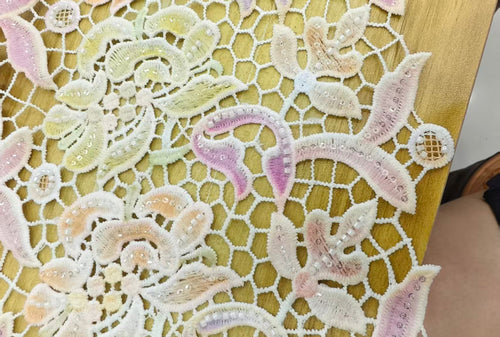 Cream Floral Guipure Lace with pink embroidery and bead accents