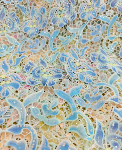 Iridescent Holographic Lace Fabric with multicolor light-shifting effect
