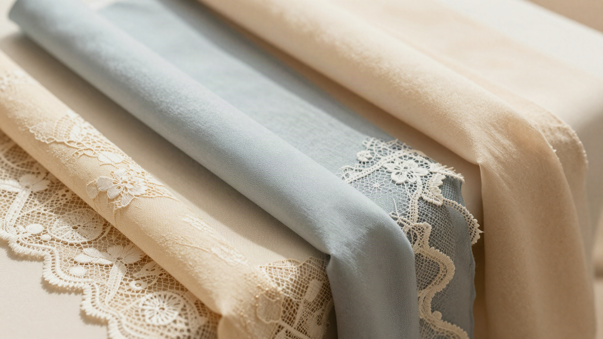 Draped lace and fabric bolts in soft gold and dusty blue tones